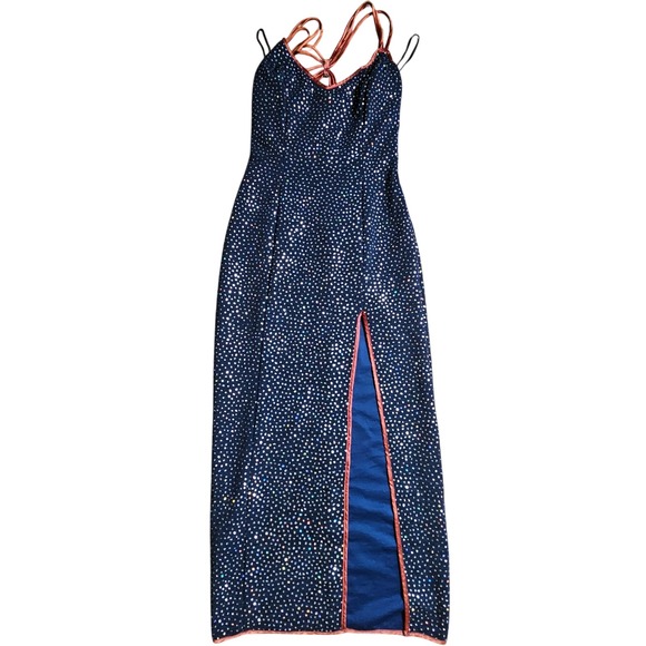 L.A. Glo Dresses & Skirts - VTG LA Glo Rhinestones Embellished Glitter Maxi Dress Contrast Trim High Slit 30